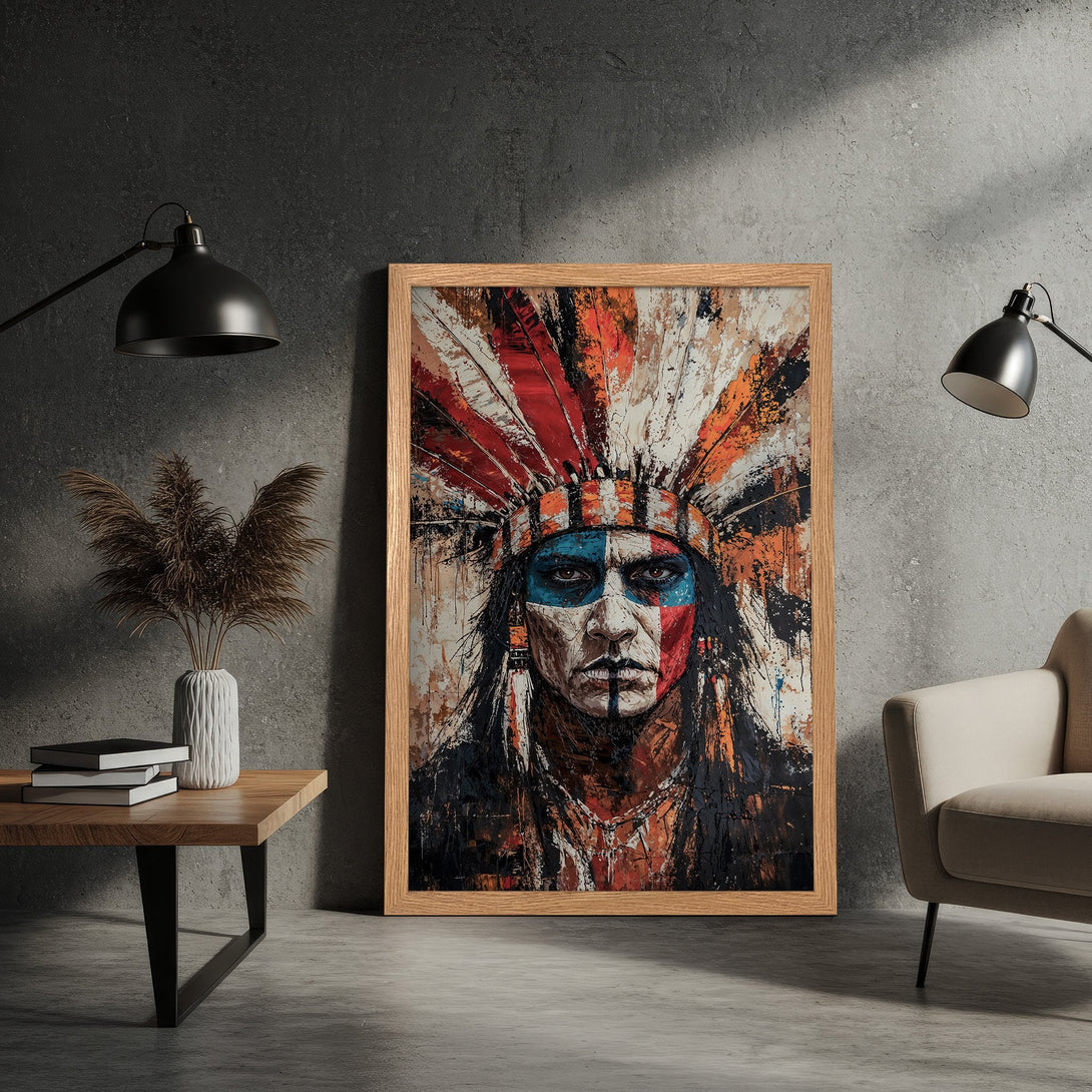 Framed Poster of Native American chief in abstract style, featuring red, orange, and blue hues. Perfect wall art for any space.
