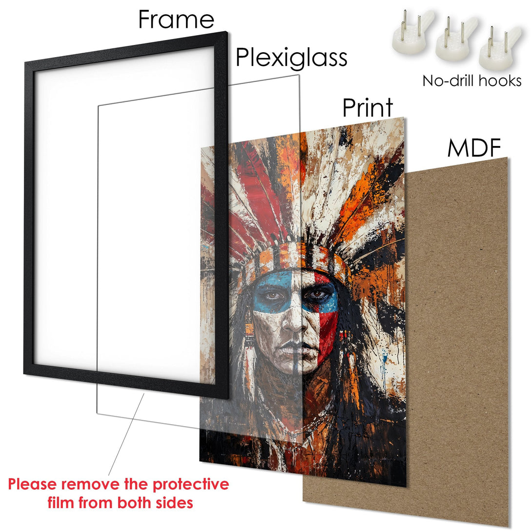 Framed Poster featuring an abstract Native American portrait. Bold, expressive style with a warm, earthy color palette. Ready to hang!