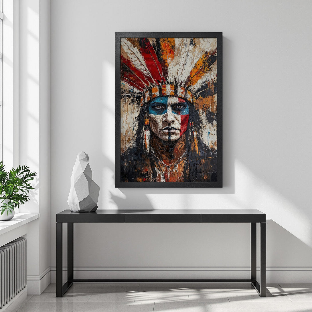 Framed Poster of Native American Chief, vibrant abstract art with warm earth tones and bold colors. Perfect wall decor.