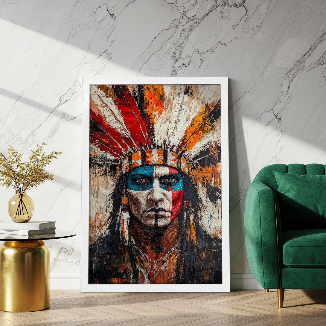 Framed Poster featuring a Native American portrait in a vibrant, abstract style with a warm, earthy color palette. Perfect wall art!