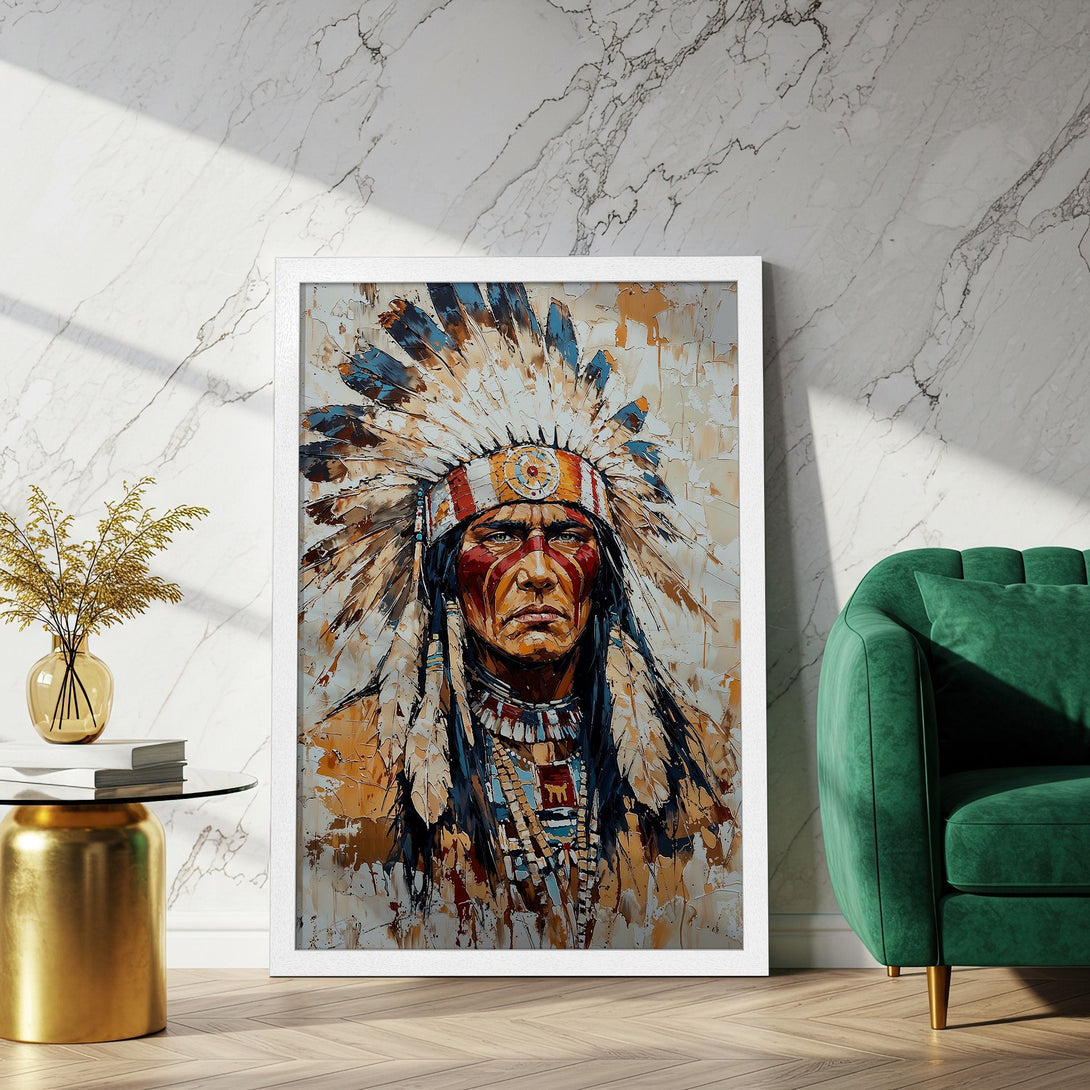Framed Poster featuring an Indigenous American portrait in an expressive, textured style with a warm, earthy color palette.