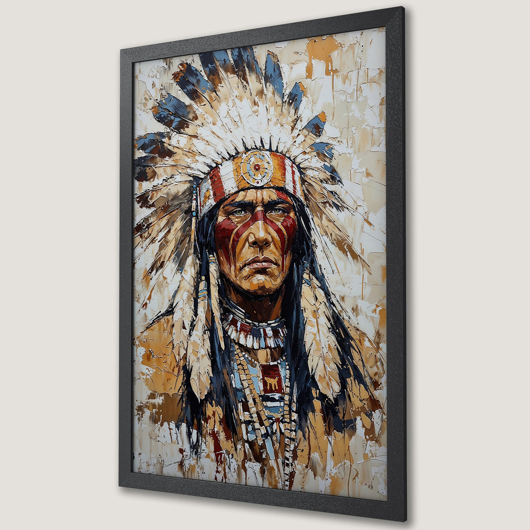 Framed Poster of Native American Chief in a textured, impressionistic style with a warm, earthy color palette. Perfect wall art!