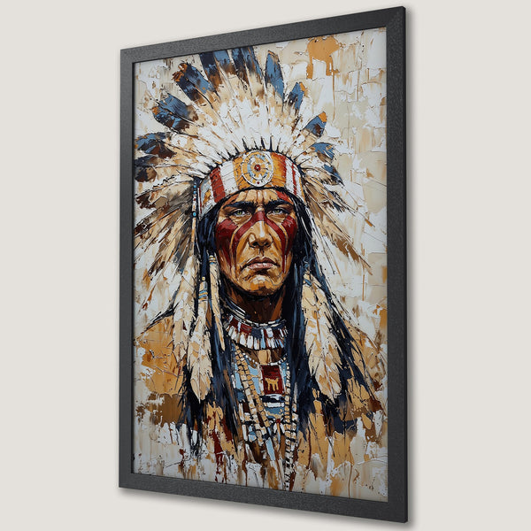 Framed Poster of Native American Chief in a textured, impressionistic style with a warm, earthy color palette. Perfect wall art!