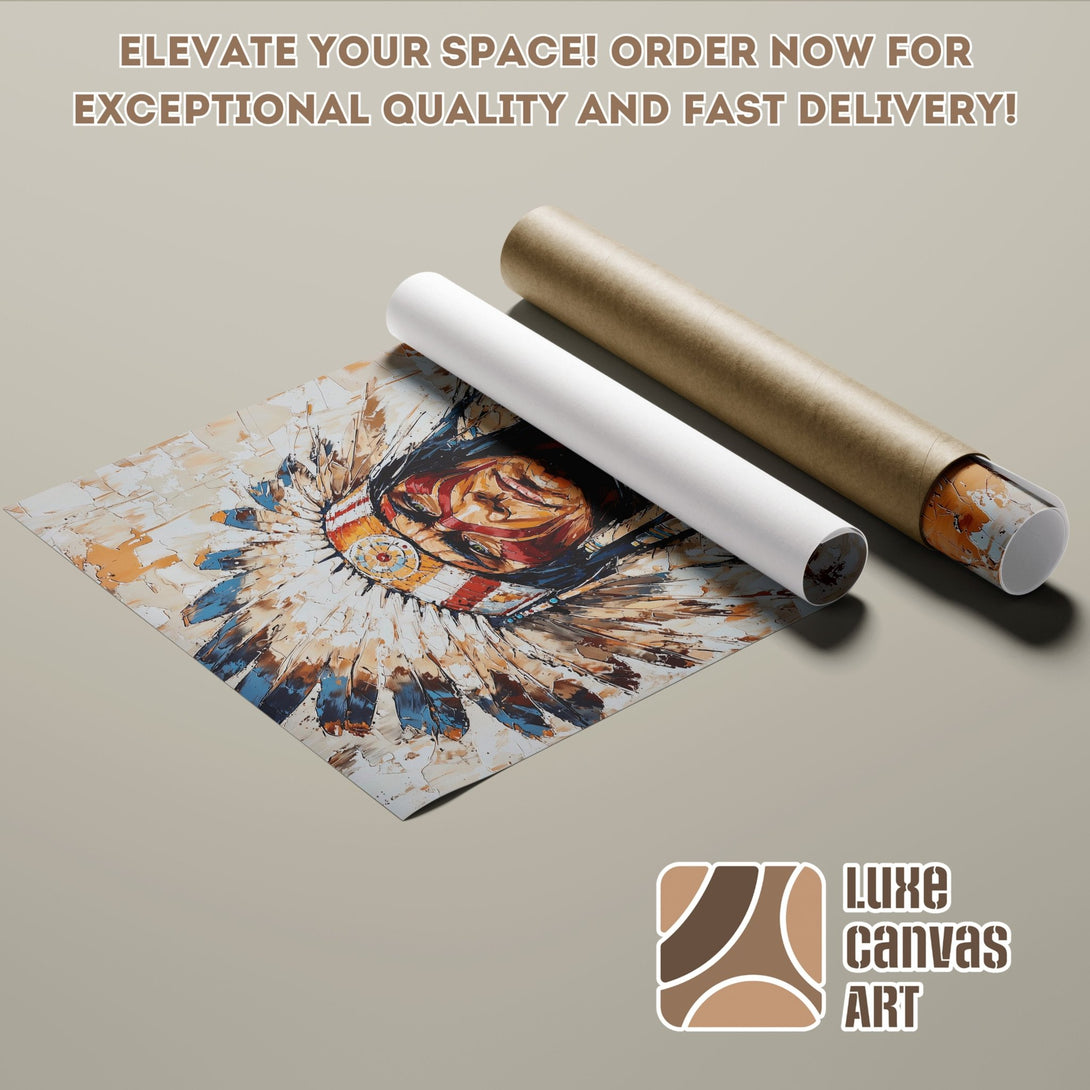 Native American Chief Poster Roll, textured art with warm earth tones and blue accents. Elevate your space with Luxe Canvas Art!