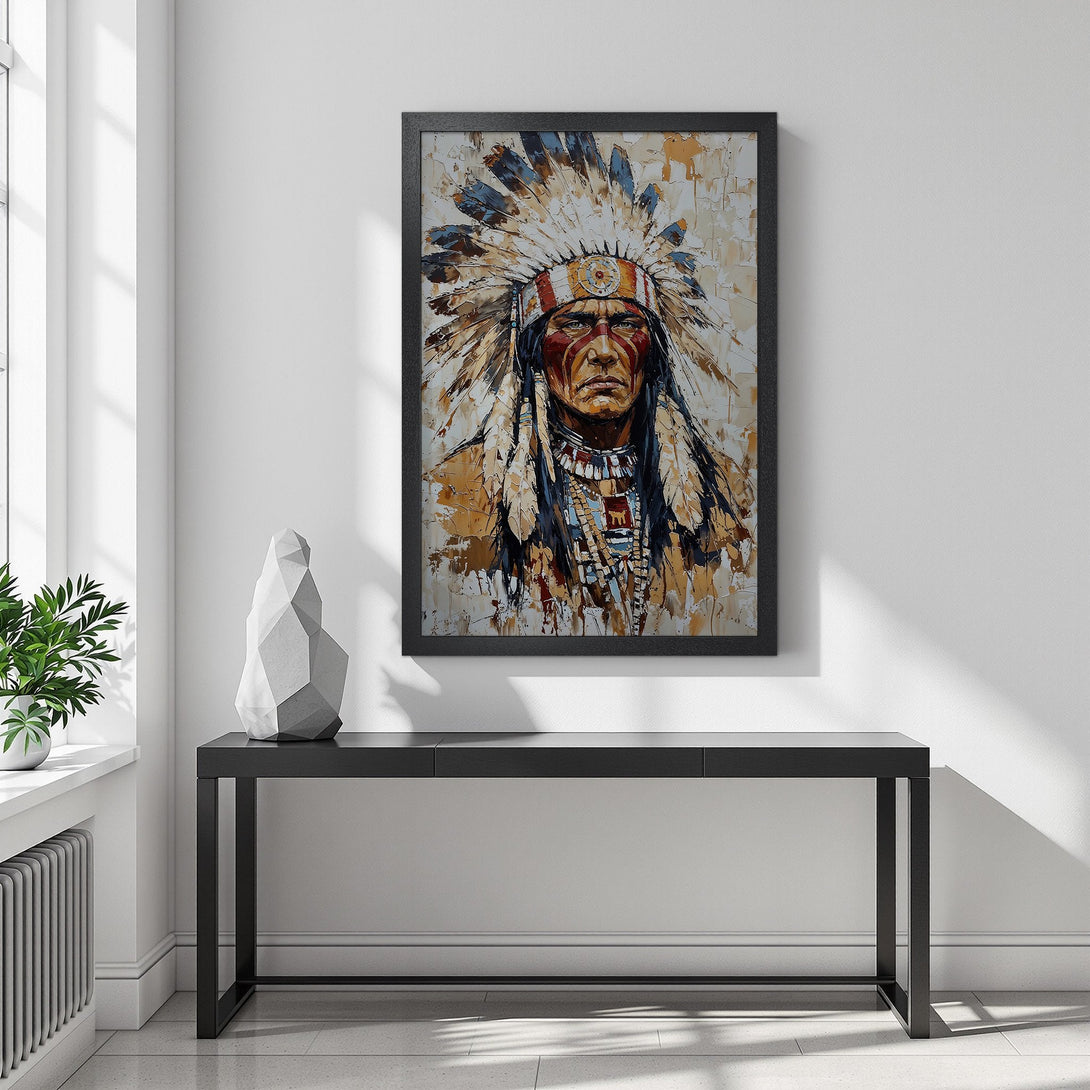 Framed Poster of Native American Chief, textured art in warm tones. Enhance your space with this captivating Poster!