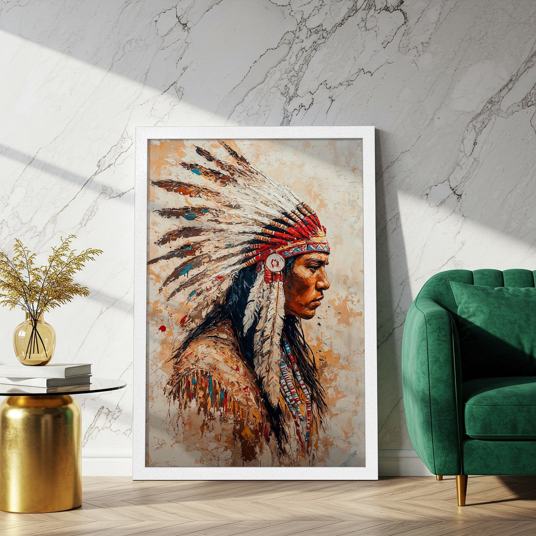 Framed Poster of Native American Chief in an abstract style, featuring a warm color palette with red, blue, and beige tones. Perfect wall art!