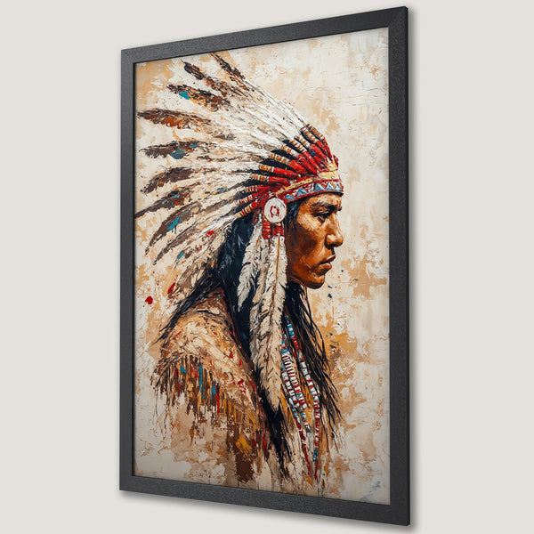 Framed Poster featuring a Native American chief in profile, painted in a textured, impressionistic style with a warm, earthy color palette. Perfect wall art!