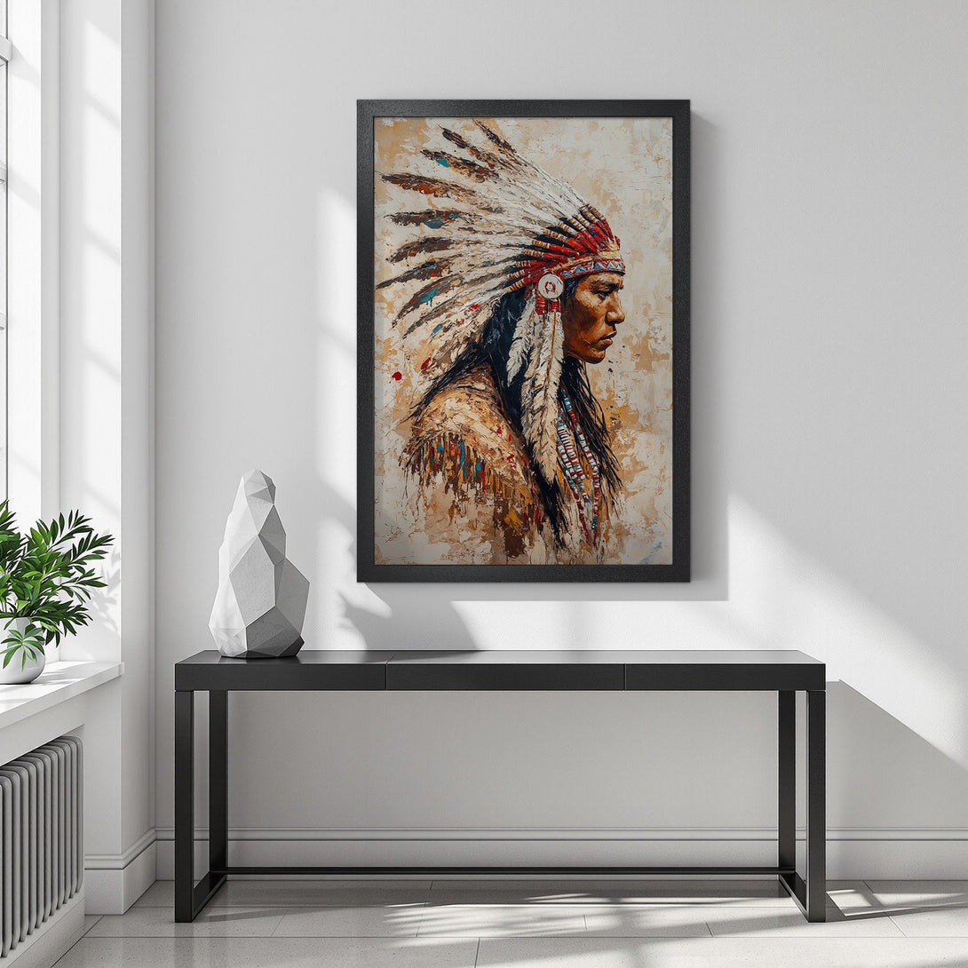 Framed Poster of Native American in profile, warm earth tones, and vibrant accents. Add a touch of history to your space!