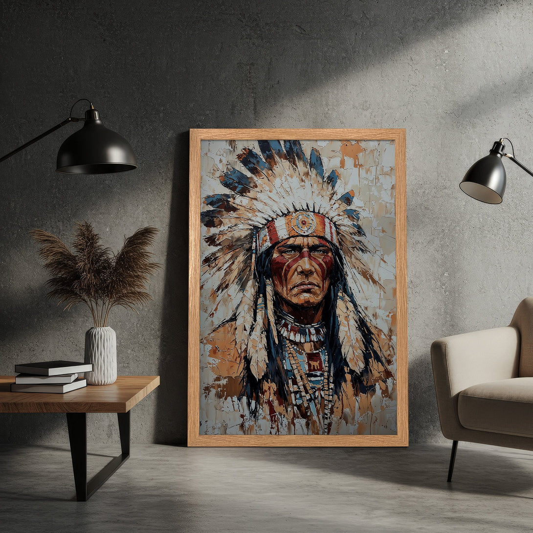 Framed Poster of Native American Chief, textured art in neutral tones. Add a touch of history and style to your space!