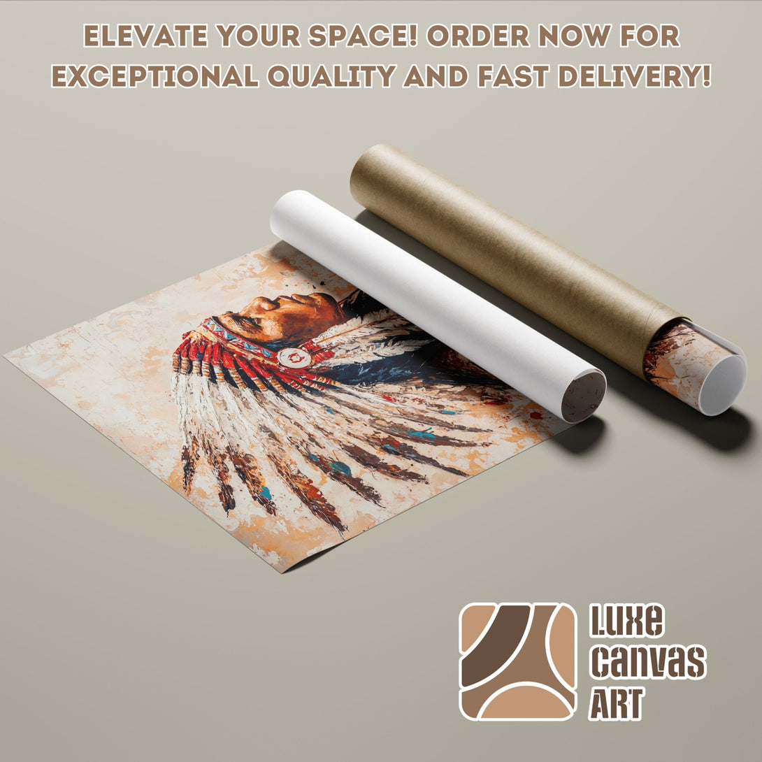 Poster Roll featuring a Native American portrait in a warm, earthy palette. Elevate your space with this stunning art!