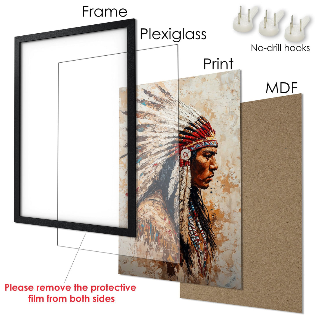 Framed Poster featuring a Native American portrait in a warm, earthy color palette. Perfect wall art for any space!
