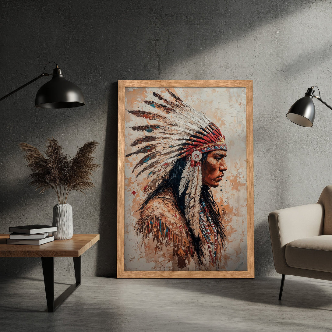 Framed Poster featuring a Native American portrait in a painterly style with warm, earthy tones. Perfect for adding art to your space!