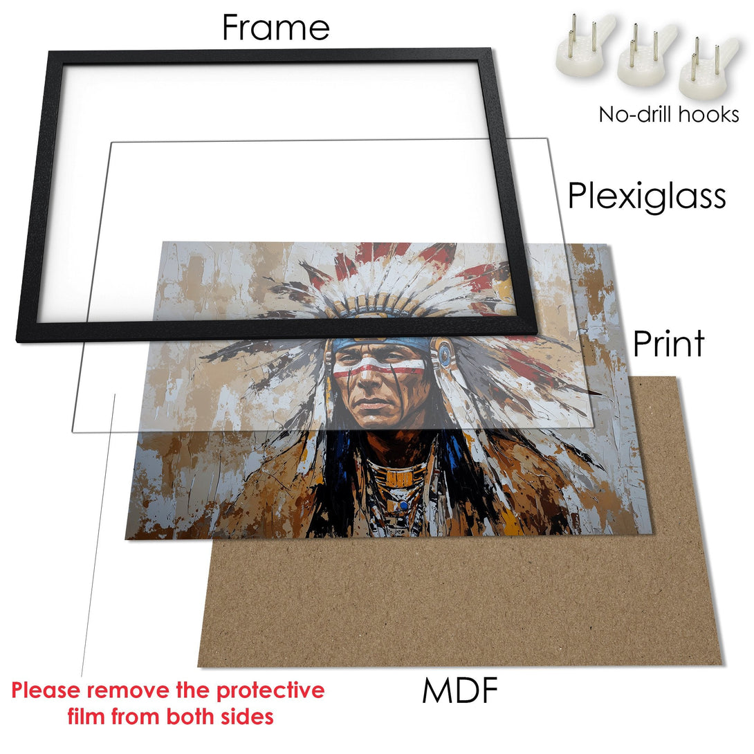 Framed Poster featuring a Native American portrait in a textured style with a warm, earthy color palette. Perfect wall art!