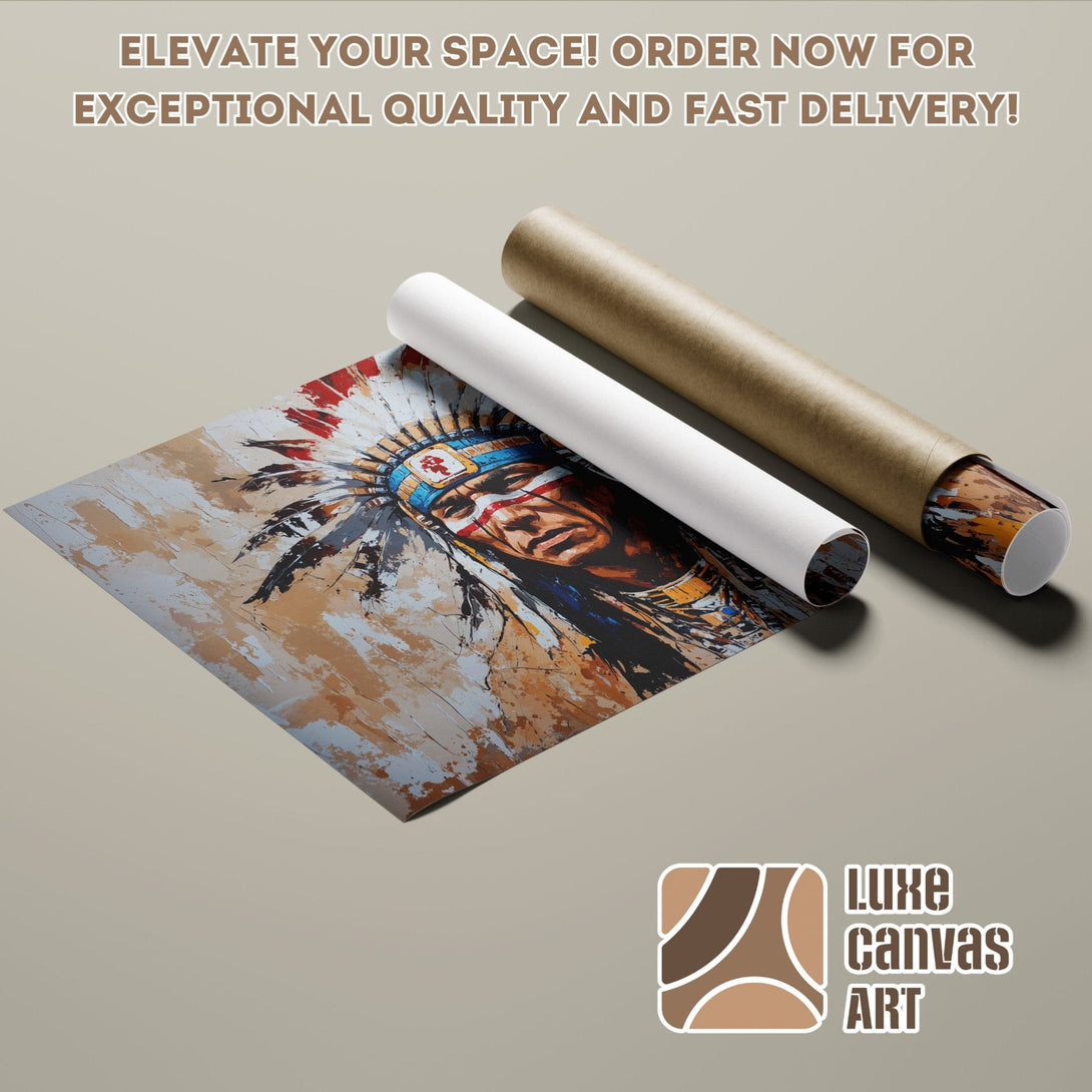 Native American portrait poster roll, abstract style, warm earth tones. Elevate your space with this stunning art!