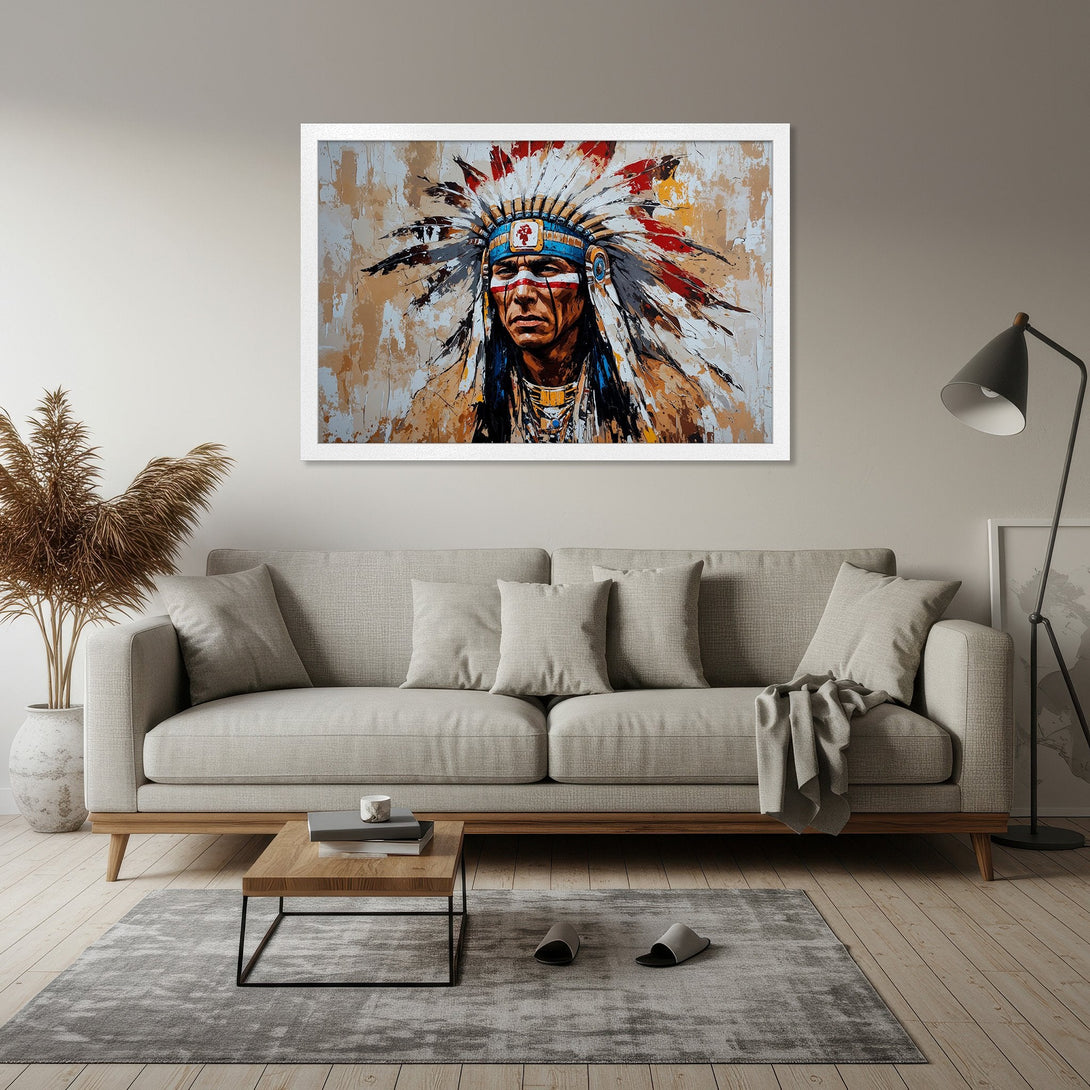 Framed Poster of Native American Chief in vibrant colors, perfect for adding character to any space. Modern art style with warm, earthy tones.