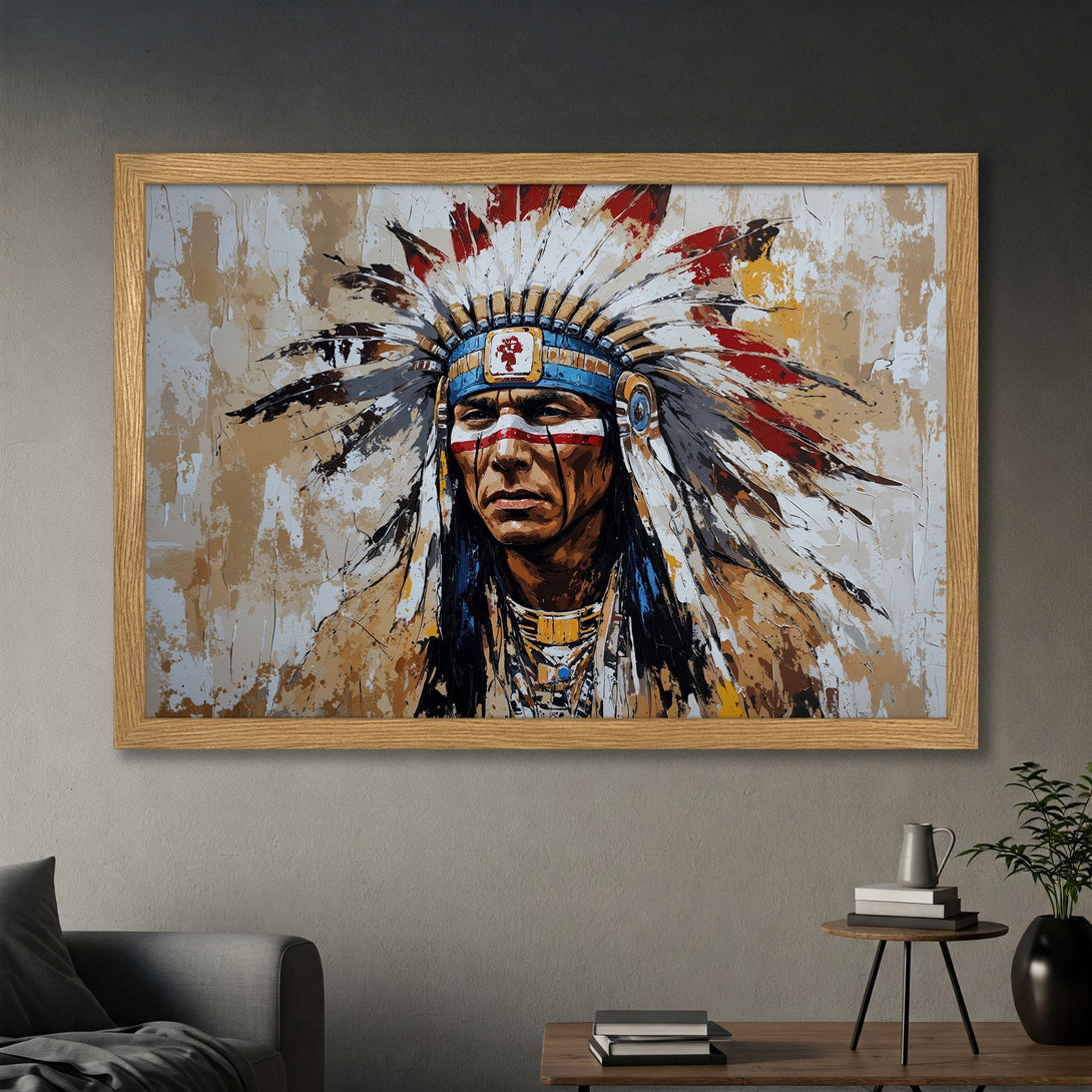 Framed Poster of Native American Chief. Bold, expressive art in a warm, earthy palette. Perfect wall decor for a unique style.