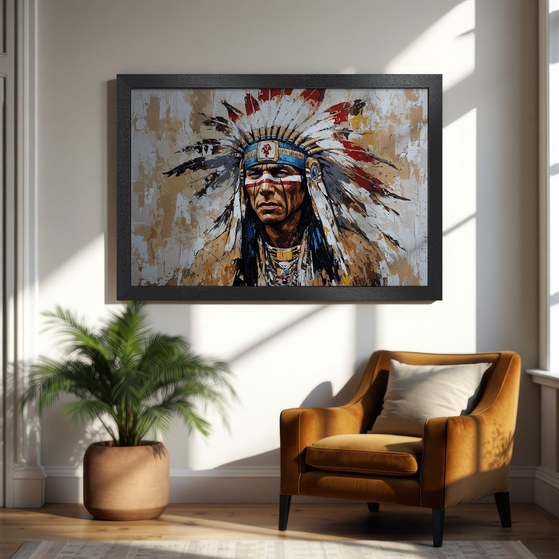 Framed Poster featuring an Indigenous American portrait in a textured, painterly style. Earthy tones with pops of red and blue. Elevate your space!
