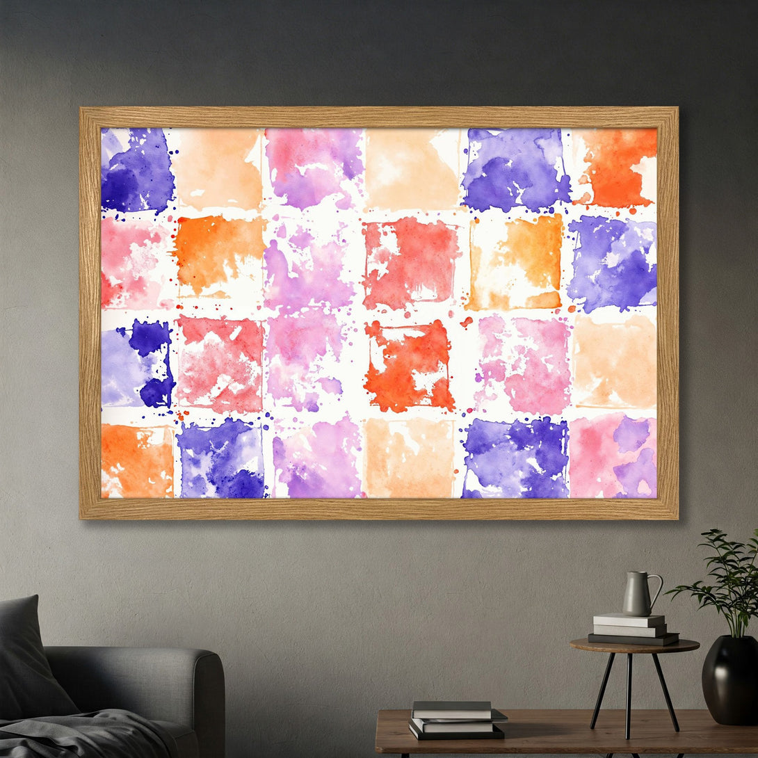 Framed Poster featuring watercolor squares in a vibrant palette of pink, orange, and purple. Modern art for your walls!
