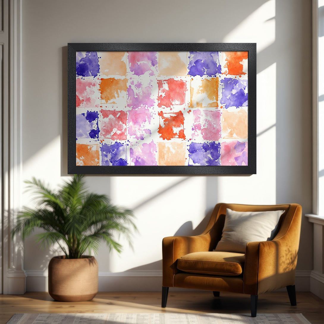 Framed Poster featuring abstract watercolor squares in a vibrant warm color palette. Perfect art for your home!