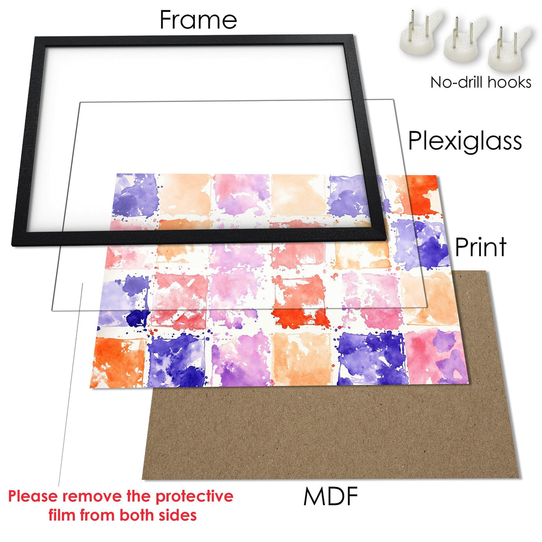 Framed Poster with watercolor abstract art in pink, orange, and purple. Modern art print for your home decor.