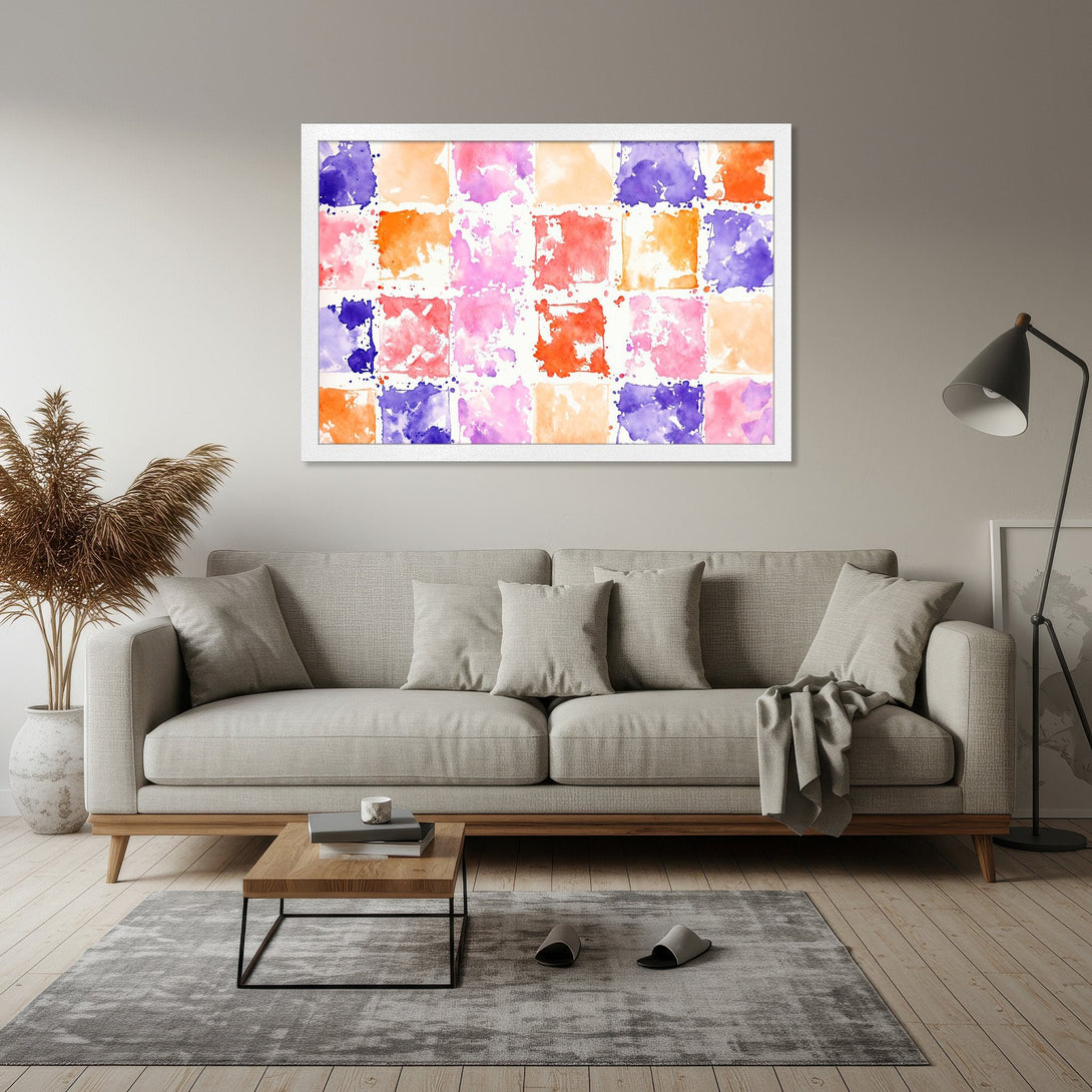 Framed Poster featuring abstract watercolor squares in vibrant pink, orange, and purple hues. Modern art print adds a pop of color to any room.