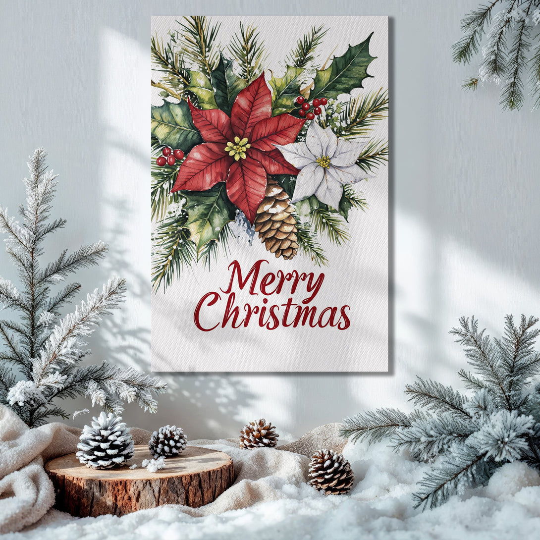 Framed Wall Art: Watercolor Christmas poinsettia art in a cozy interior. Festive red, green, and gold color palette. Perfect holiday decor.