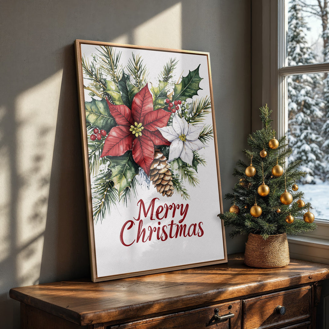 Framed Wall Art: Watercolor Christmas poinsettia print in red, green, and white. Perfect holiday decor for a cozy, festive home.