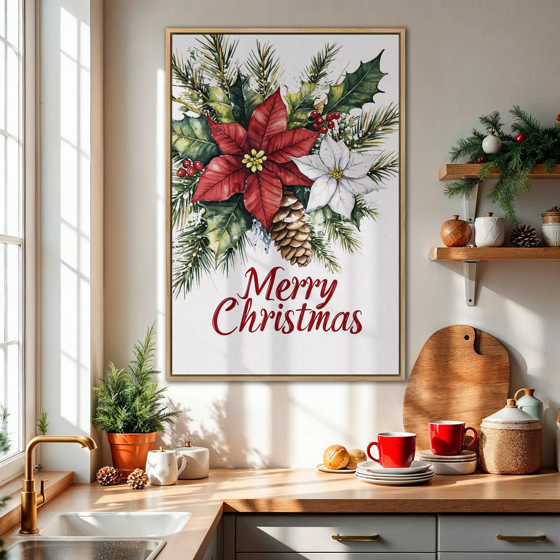 Framed Wall Art: Watercolor Christmas floral print with red poinsettias, green foliage, and white flowers. Festive decor in a warm, inviting kitchen.