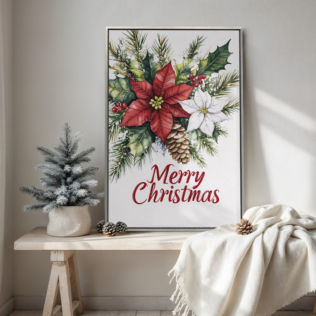 Framed Wall Art featuring a watercolor Christmas poinsettia design in red, green, and white. Festive holiday decor for your home.