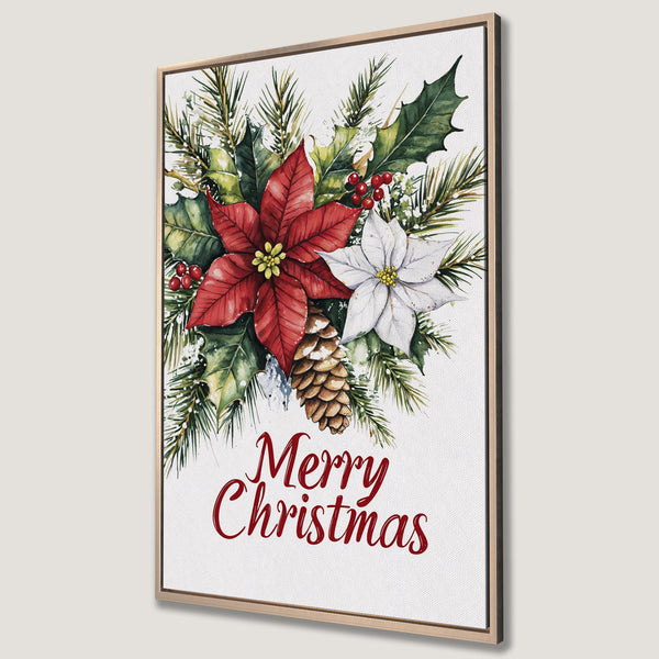 Framed Wall Art featuring a watercolor Christmas floral arrangement. Red poinsettias, green foliage, and a warm color palette create festive decor.