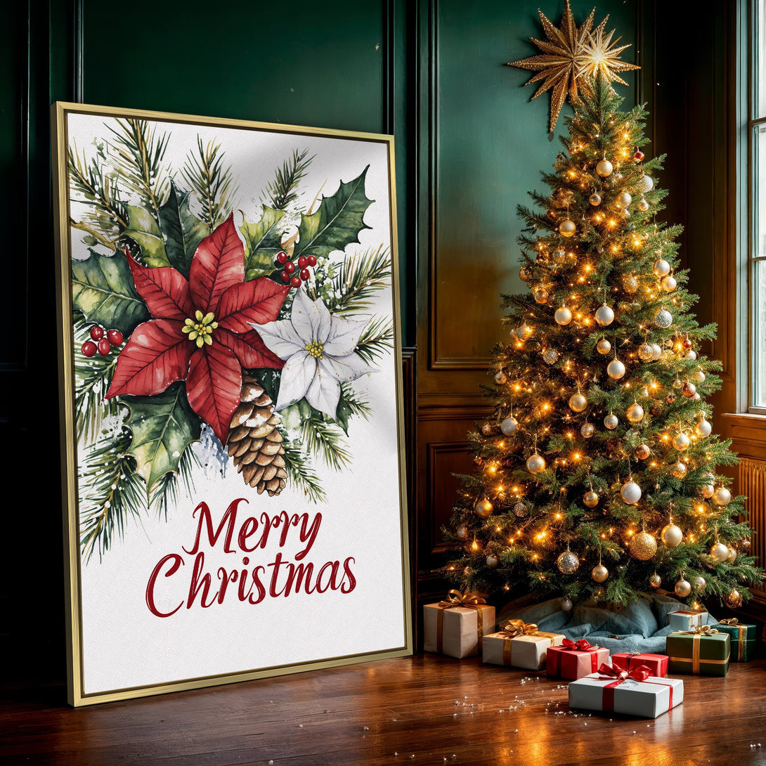 Canvas Print featuring a watercolor Christmas floral arrangement. Red, green, and white poinsettias with "Merry Christmas" text. Perfect holiday decor!
