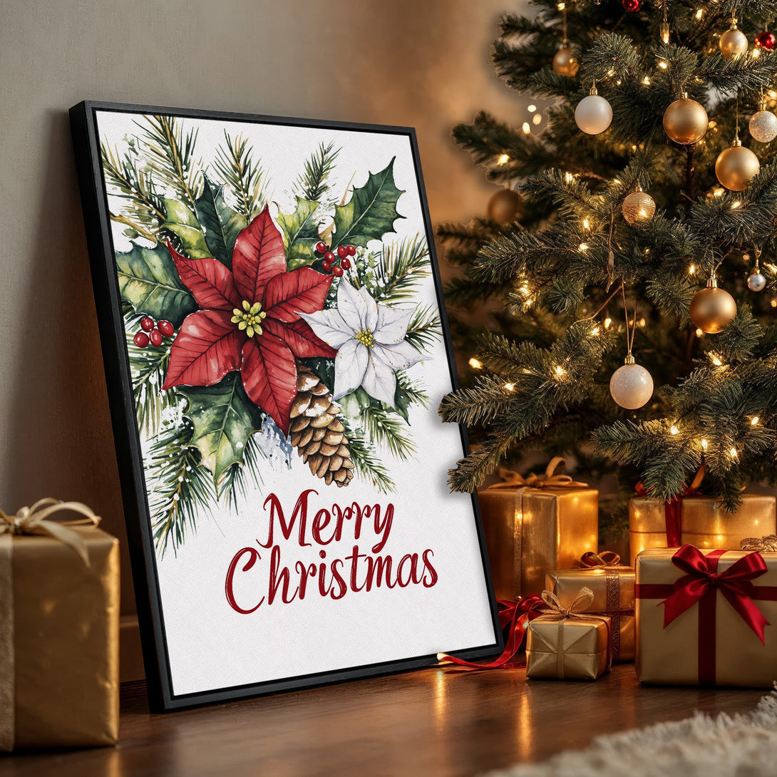 Framed Wall Art featuring a watercolor poinsettia design with "Merry Christmas" text. Festive red, green, and white color palette. Perfect for holiday decor.