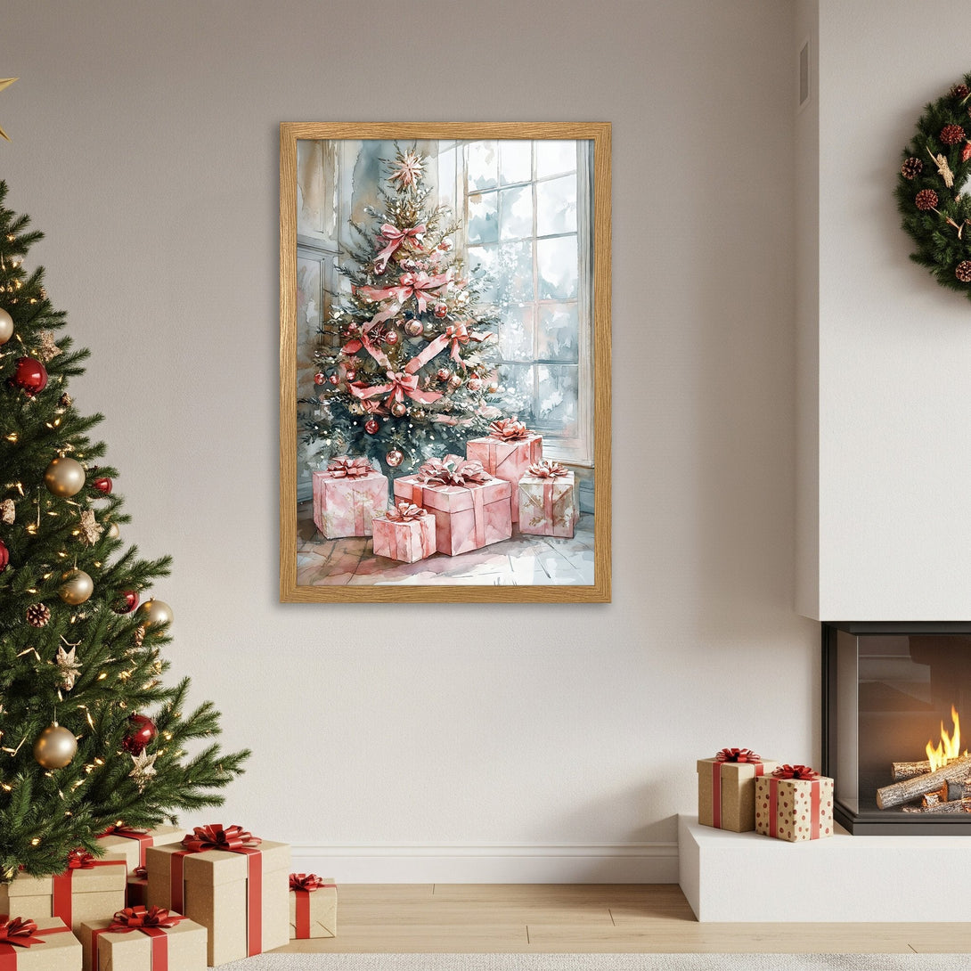 Framed Poster of Christmas tree in watercolor style, featuring pink and gold accents, perfect holiday decor.