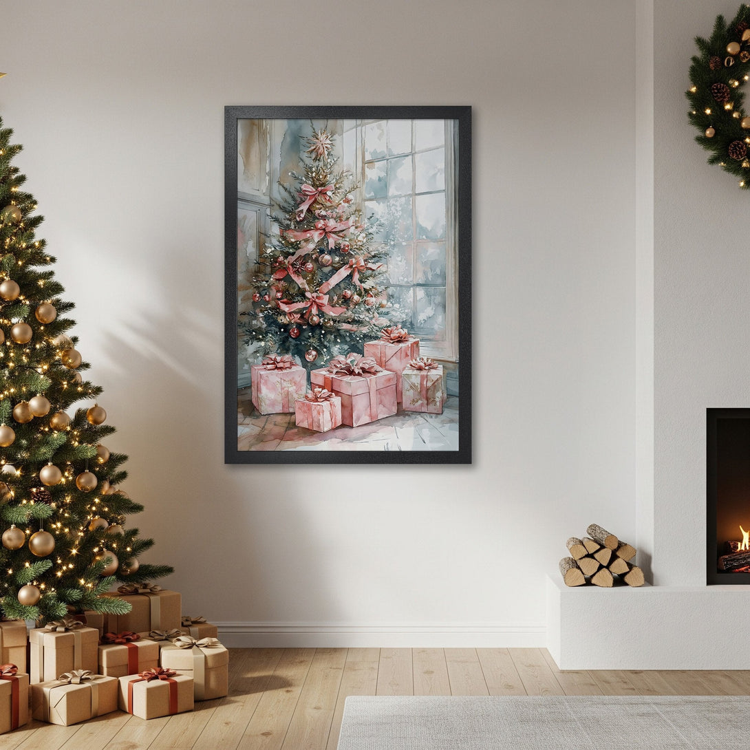 Framed Poster featuring a watercolor Christmas tree with pink accents. Soft, dreamy style with a neutral color palette. Perfect holiday decor!