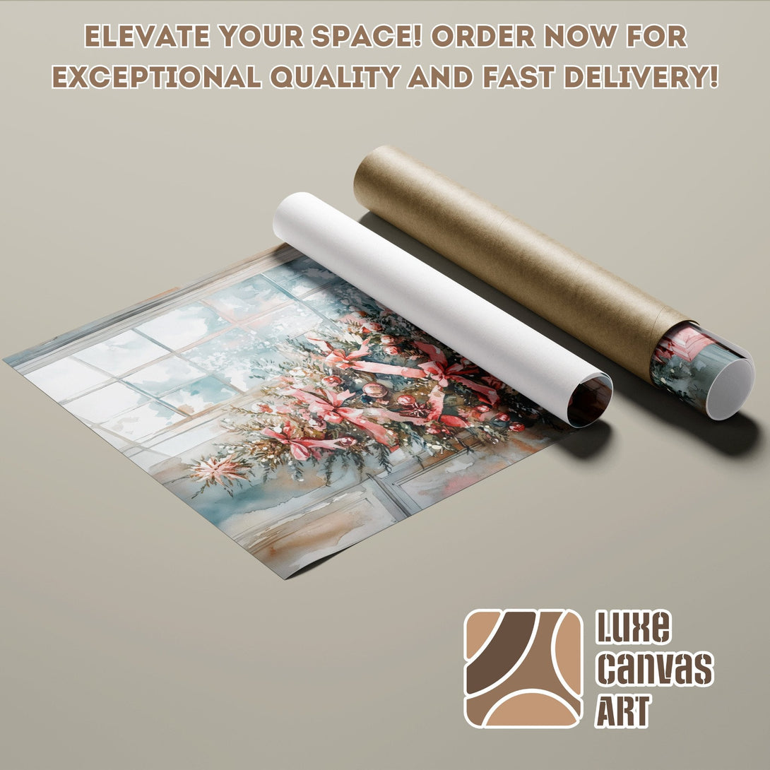 Poster Roll of watercolor Christmas scene, soft colors, perfect for holiday decor.