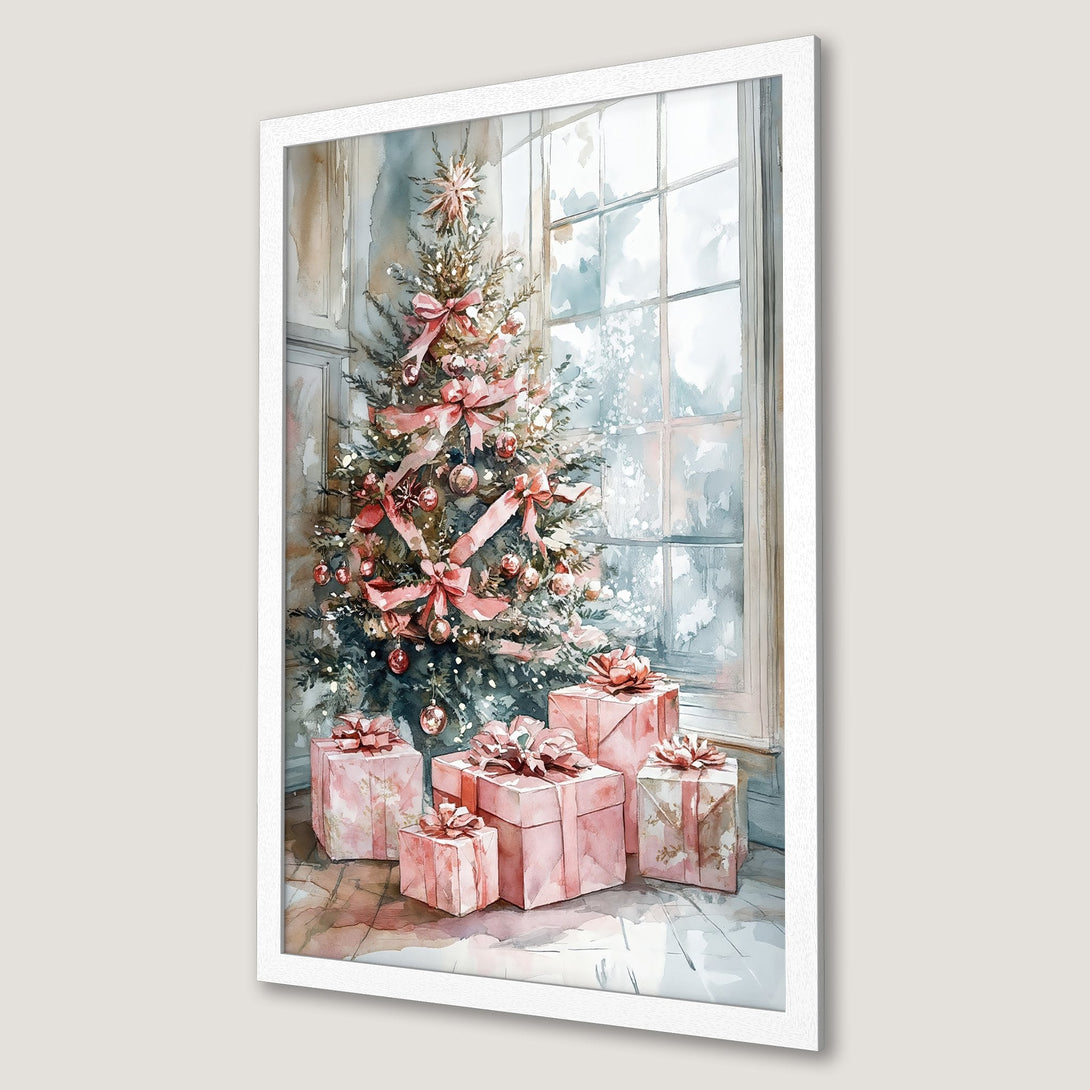 Framed Poster featuring a watercolor Christmas tree with pink bows and gifts. Soft, pastel color palette for festive decor.
