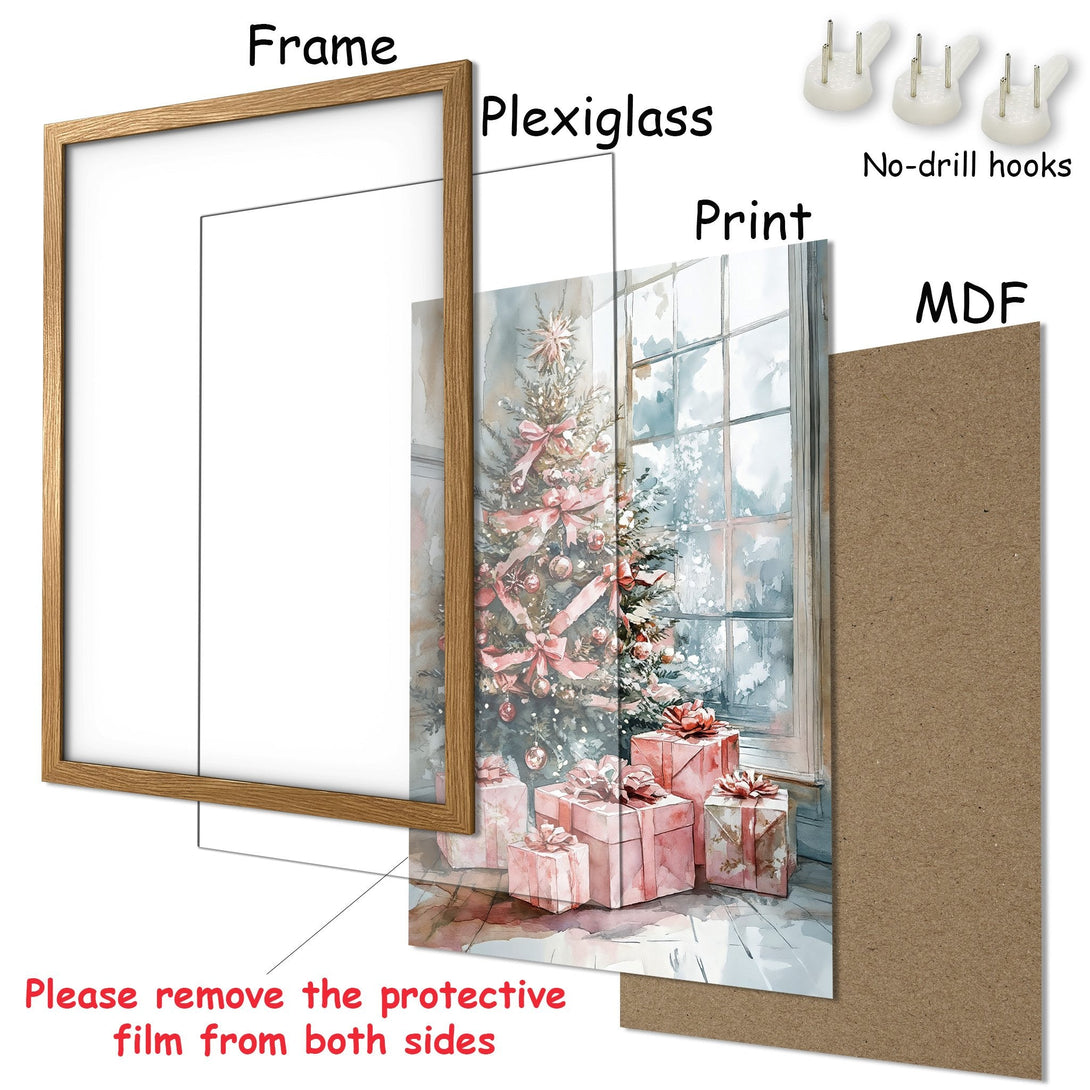 Framed Poster featuring watercolor Christmas tree art with pink accents. Perfect holiday decor! Ready to hang.