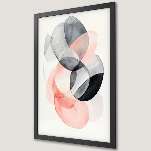 Framed Poster featuring abstract watercolor art with overlapping shapes in pink, gray, and black. Modern art print for home decor.