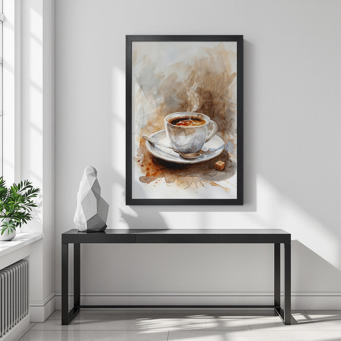 Framed Poster of coffee cup watercolor art. Warm neutral tones for cozy home decor. Enhance your space with this beautiful poster!