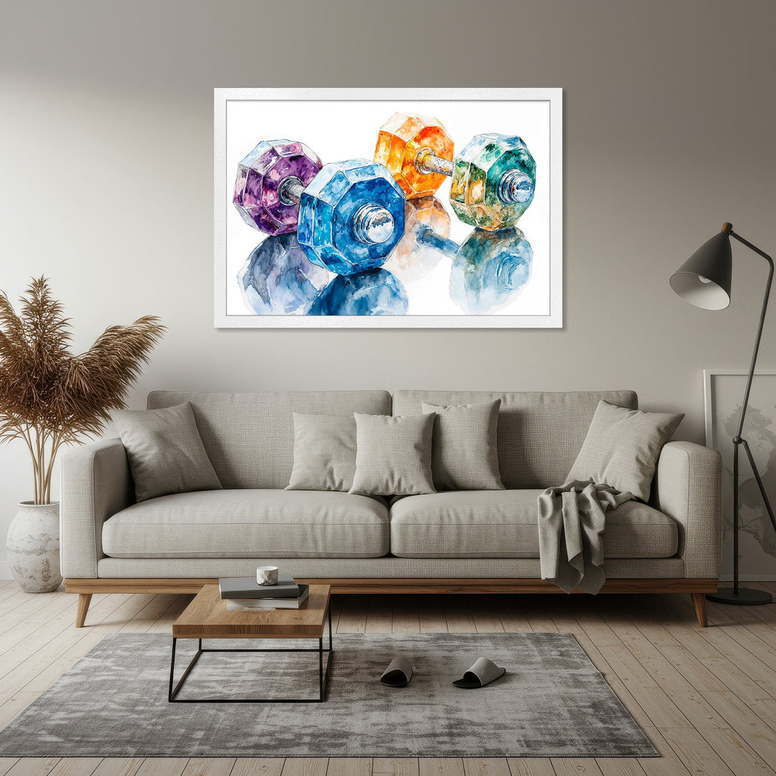 Framed Poster of watercolor dumbbells, showcasing vibrant colors in a modern style, perfect for home decor.