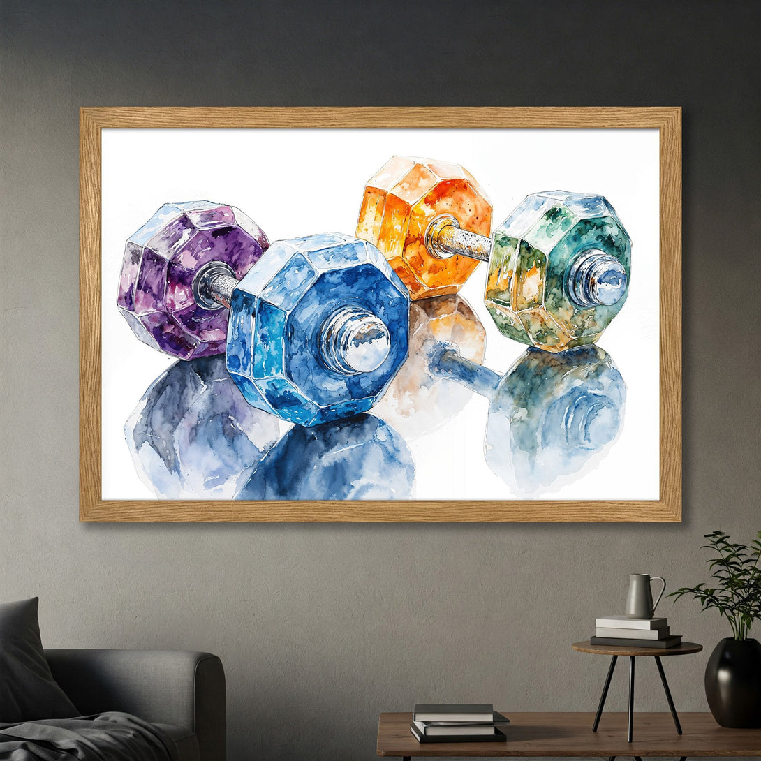 Framed Poster featuring watercolor dumbbells in a vibrant, colorful palette. Perfect art for gym or home decor.