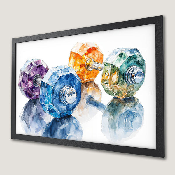 Framed Poster featuring watercolor dumbbells in vibrant jewel tones. Perfect for gym decor!