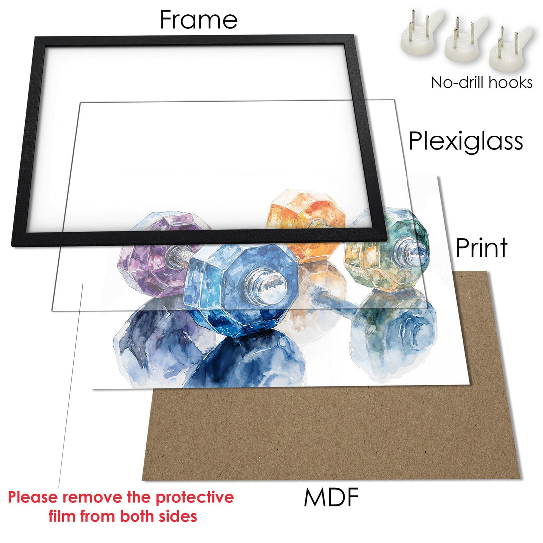 Framed Poster featuring watercolor perfume bottles in a vibrant, colorful palette. Perfect art for your home!