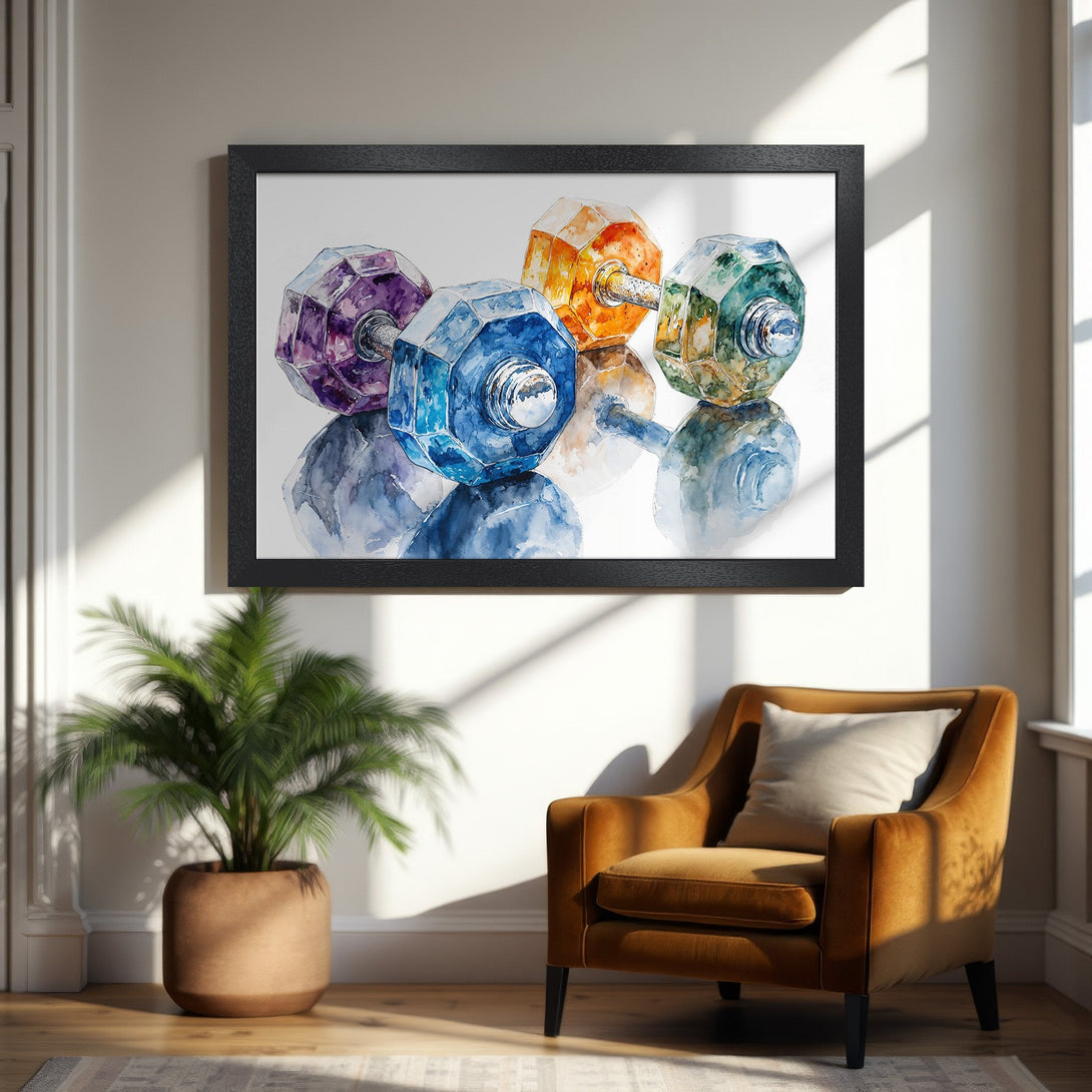 Framed Poster featuring watercolor dumbbells in vibrant jewel tones. Modern art print for home gym decor.