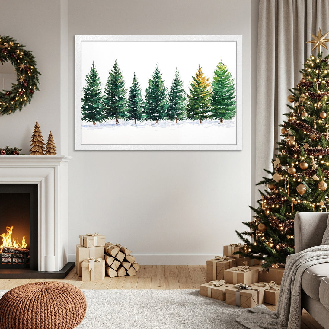 Framed Poster featuring watercolor evergreen trees in a winter scene. Green, white, and gold color palette. Perfect for holiday decor.