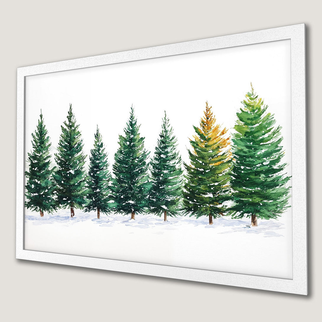 Framed Poster of watercolor evergreen trees in a winter scene, featuring green, yellow, and white color palette. Perfect for holiday decor!