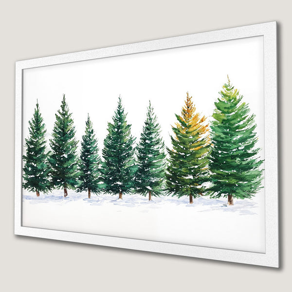 Framed Poster of watercolor evergreen trees in a winter scene, featuring green, yellow, and white color palette. Perfect for holiday decor!
