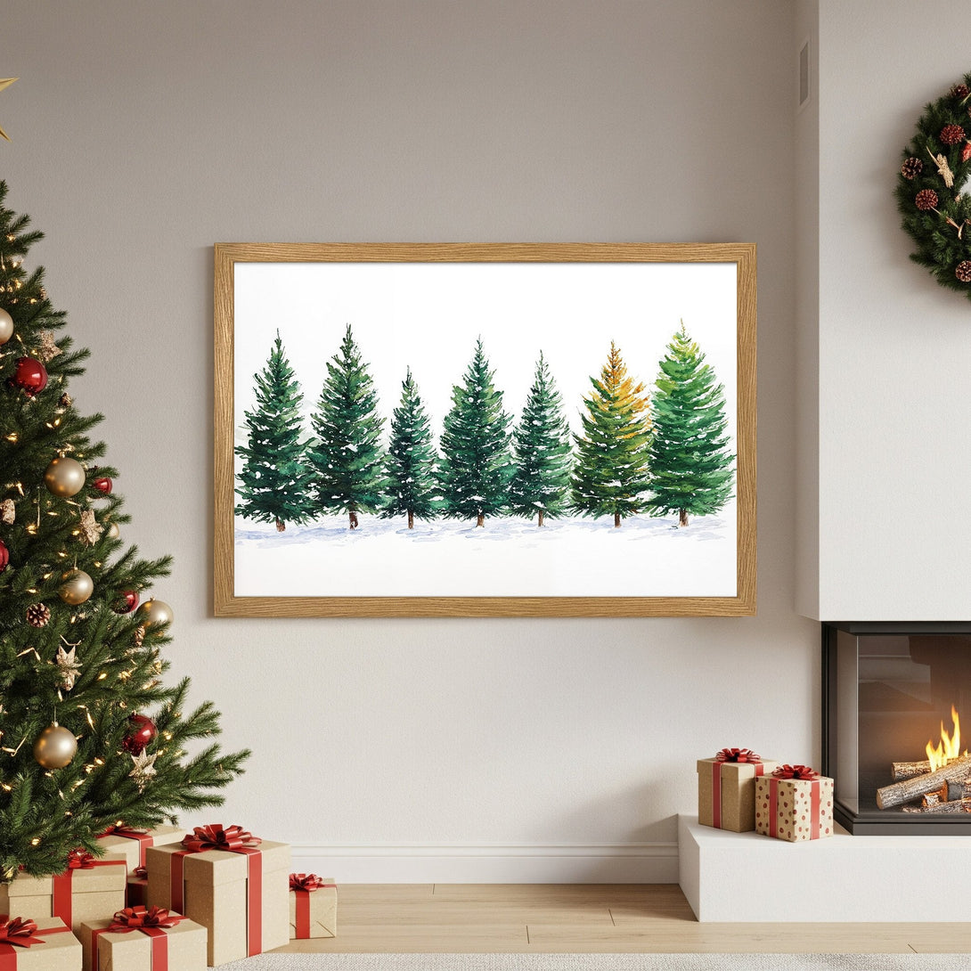 Framed Poster featuring watercolor evergreen trees with green and gold hues. Perfect Christmas decor!