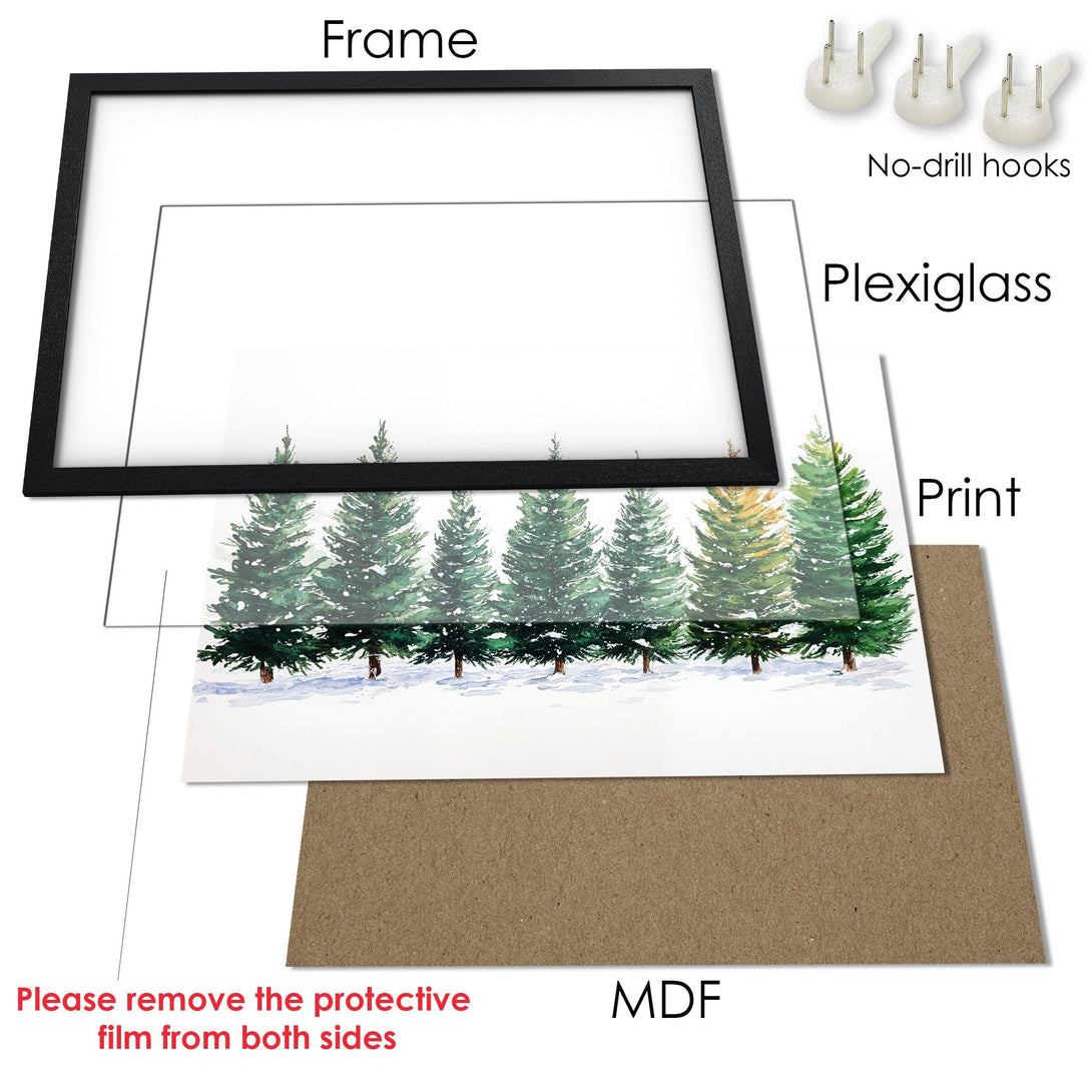 Framed Poster featuring watercolor evergreen trees in green and white, perfect for nature lovers.