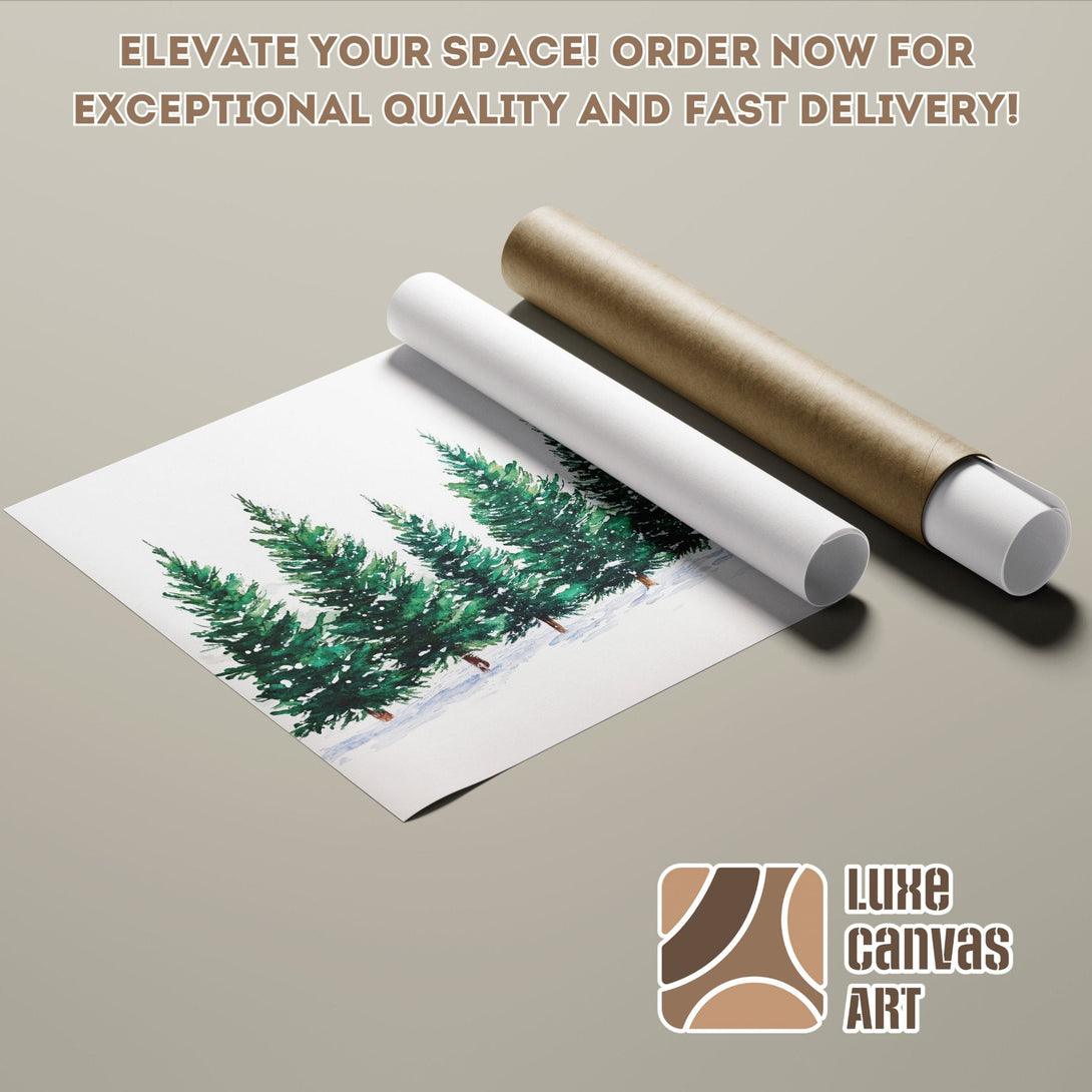 Watercolor Poster Roll featuring evergreen trees, green and white palette. Elevate your space!